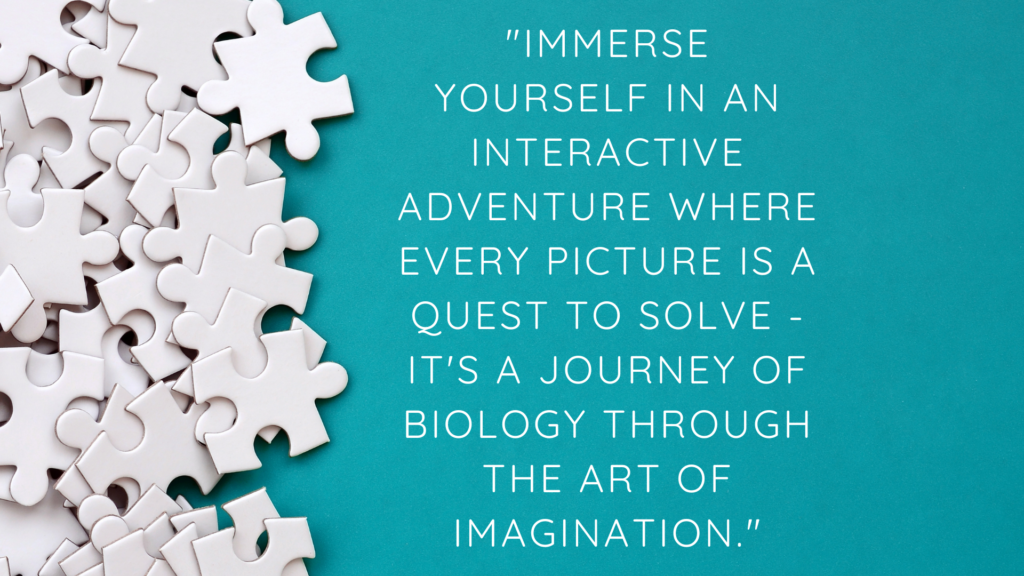 Students in a futuristic digital biology classroom exploring interactive MCQs, picture quizzes, and crosswords on holographic screens