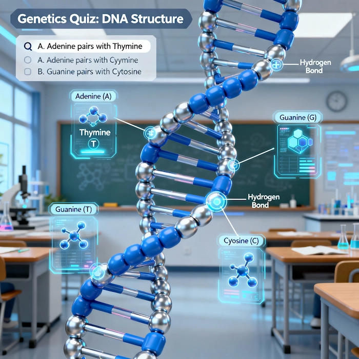 3D illustration of DNA double helix with base pairing, educational quiz image for DNA structure MCQs and molecular biology learning